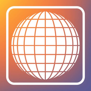 Dünya küre işareti. Vektör. Beyaz simgesi turuncu-mor gradyan arka planı Saydam düğmesini.