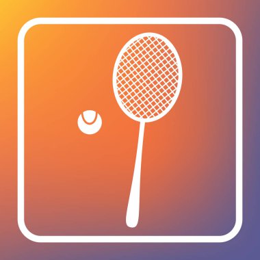 Tenis raket topu işareti ile. Vektör. Beyaz simgesi turuncu-mor gradyan arka planı Saydam düğmesini.