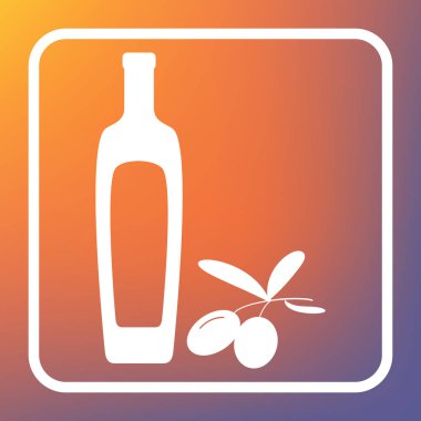 Siyah Zeytin dalı zeytinyağı şişesi işareti ile. Vektör. Beyaz simgesi turuncu-mor gradyan arka planı Saydam düğmesini.