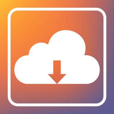 Bulut teknoloji işareti. Vektör. Beyaz simgesi turuncu-mor gradyan arka planı Saydam düğmesini.