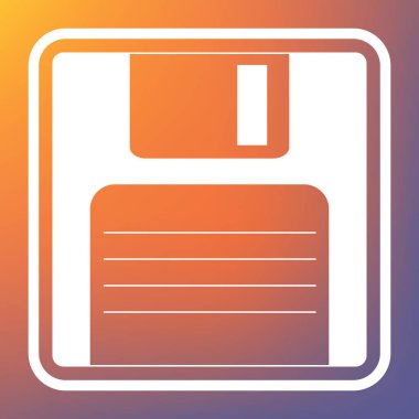 Disket işareti. Vektör. Beyaz simgesi turuncu-mor gradyan arka planı Saydam düğmesini.