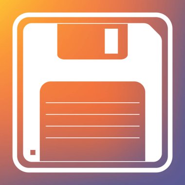 Disket işareti. Vektör. Beyaz simgesi turuncu-mor gradyan arka planı Saydam düğmesini.