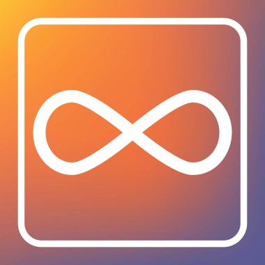 Sınırsız sembolü şekil. Vektör. Beyaz simgesi turuncu-mor gradyan arka planı Saydam düğmesini.