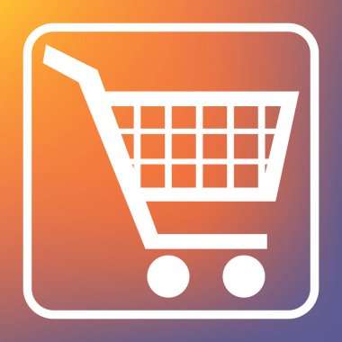 Alışveriş sepeti işareti. Vektör. Beyaz simgesi turuncu-mor gradyan arka planı Saydam düğmesini.
