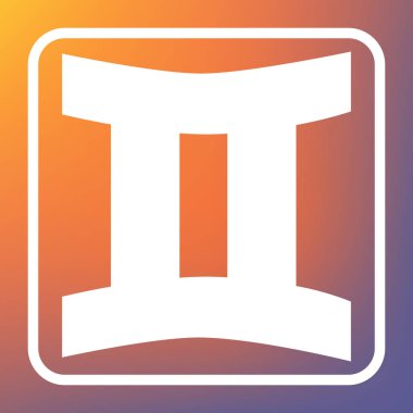 İkizler işareti. Vektör. Beyaz simgesi turuncu-mor gradyan arka planı Saydam düğmesini.