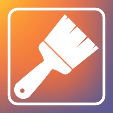 Fırça işareti illüstrasyon. Vektör. Beyaz simgesi turuncu-mor gradyan arka planı Saydam düğmesini.