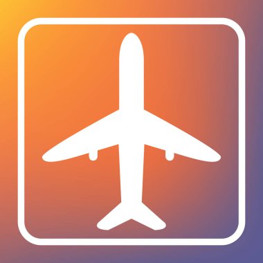 Uçak işareti illüstrasyon. Vektör. Beyaz simgesi turuncu-mor gradyan arka planı Saydam düğmesini.