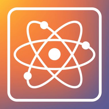 Atom işareti illüstrasyon. Vektör. Beyaz simgesi turuncu-mor gradyan arka planı Saydam düğmesini.
