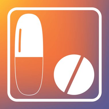 Tıbbi hapları işareti. Vektör. Beyaz simgesi turuncu-mor gradyan arka planı Saydam düğmesini.