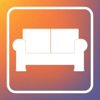 Kanepenin işareti illüstrasyon. Vektör. Beyaz simgesi turuncu-mor gradyan arka planı Saydam düğmesini.