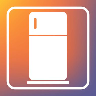 Buzdolabı işareti illüstrasyon. Vektör. Beyaz simgesi turuncu-mor gradyan arka planı Saydam düğmesini.