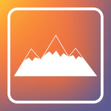 Dağ işareti illüstrasyon. Vektör. Beyaz simgesi turuncu-mor gradyan arka planı Saydam düğmesini.