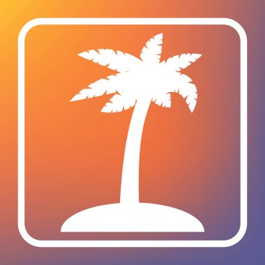 Hindistan cevizi hurma ağacı işareti. Vektör. Beyaz simgesi turuncu-mor gradyan arka planı Saydam düğmesini.