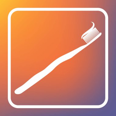 Diş fırçası ile uygulanan diş macunu bölümü. Vektör. Beyaz simgesi turuncu-mor gradyan arka planı Saydam düğmesini.