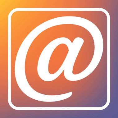 Posta işareti illüstrasyon. Vektör. Beyaz simgesi turuncu-mor gradyan arka planı Saydam düğmesini.