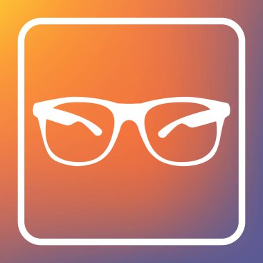 Güneş gözlüğü illüstrasyon işareti. Vektör. Beyaz simgesi turuncu-mor gradyan arka planı Saydam düğmesini.