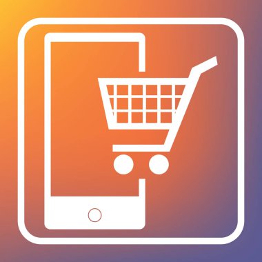 Akıllı telefon tabelada alışveriş. Vektör. Beyaz simgesi turuncu-mor gradyan arka planı Saydam düğmesini.