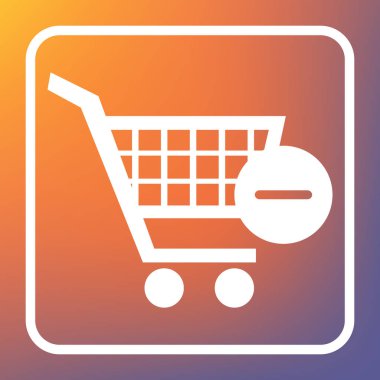 Alışveriş sepeti Kaldır işareti ile. Vektör. Beyaz simgesi turuncu-mor gradyan arka planı Saydam düğmesini.