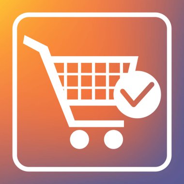Onay işareti işareti ile alışveriş sepeti. Vektör. Beyaz simgesi turuncu-mor gradyan arka planı Saydam düğmesini.