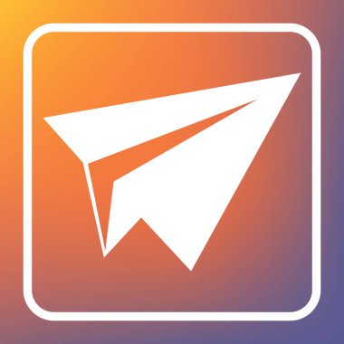 Kağıt Uçak işareti. Vektör. Beyaz simgesi turuncu-mor gradyan arka planı Saydam düğmesini.