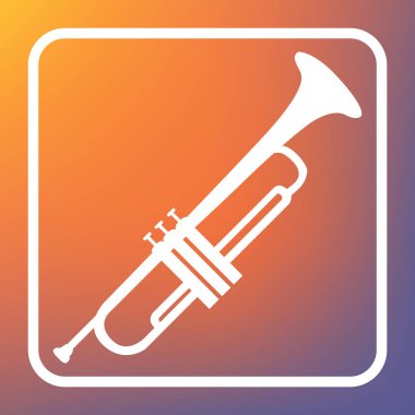 Enstrüman trompet işareti. Vektör. Beyaz simgesi turuncu-mor gradyan arka planı Saydam düğmesini.