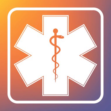Acil durum veya Star of Life'nın tıbbi sembolü kenarlıklı. Vektör. Beyaz simgesi turuncu-mor gradyan arka planı Saydam düğmesini.