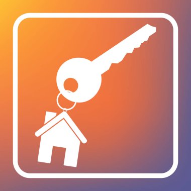 Anahtarlık bir ev işareti olarak anahtarla. Vektör. Beyaz simgesi turuncu-mor gradyan arka planı Saydam düğmesini.