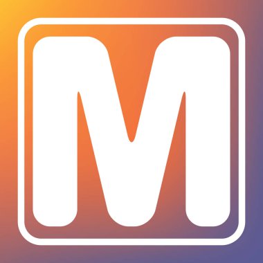 Harf M işareti şablon öğesi tasarım. Vektör. Beyaz simgesi turuncu-mor gradyan arka planı Saydam düğmesini.