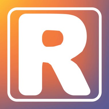 R harfi işareti şablon öğesi tasarım. Vektör. Beyaz simgesi turuncu-mor gradyan arka planı Saydam düğmesini.