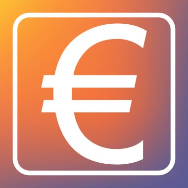 Euro simgesi. Vektör. Beyaz simgesi turuncu-mor gradyan arka planı Saydam düğmesini.