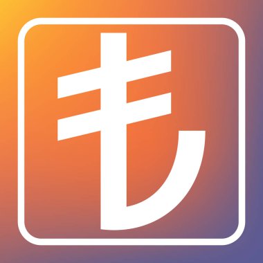 Turkiey Lirası işareti. Vektör. Beyaz simgesi turuncu-mor gradyan arka planı Saydam düğmesini.