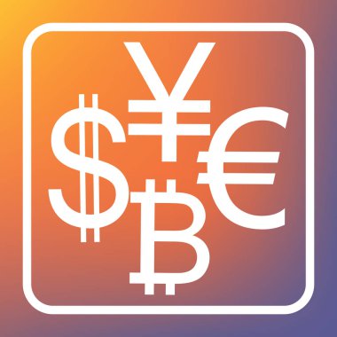 Para birimi koleksiyon Doları, euro, bitcoin, yen oturum açın. Vektör. Beyaz simgesi turuncu-mor gradyan arka planı Saydam düğmesini.
