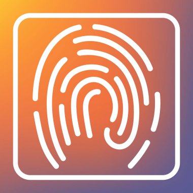Parmak izi işareti illüstrasyon. Vektör. Beyaz simgesi turuncu-mor gradyan arka planı Saydam düğmesini.