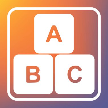 ABC küp işareti illüstrasyon. Vektör. Beyaz simgesi turuncu-mor gradyan arka planı Saydam düğmesini.