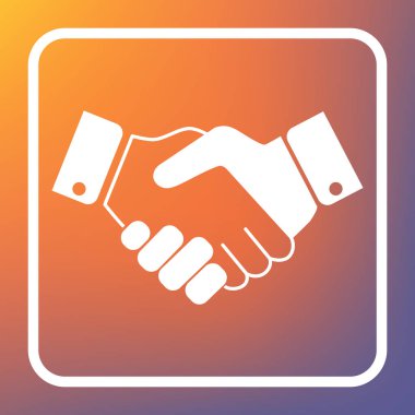 İş anlaşma / sözleşme anlaşması işareti illüstrasyon. Vektör. Beyaz simgesi turuncu-mor gradyan arka planı Saydam düğmesini.