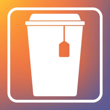 Fincan çay işareti ile. Vektör. Beyaz simgesi turuncu-mor gradyan arka planı Saydam düğmesini.