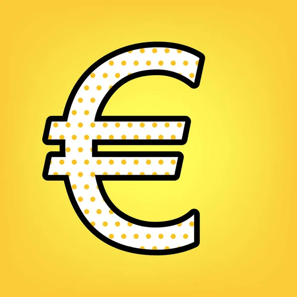 Euro sign. Vector. Yellow polka dot white icon with black contou — Stock Vector