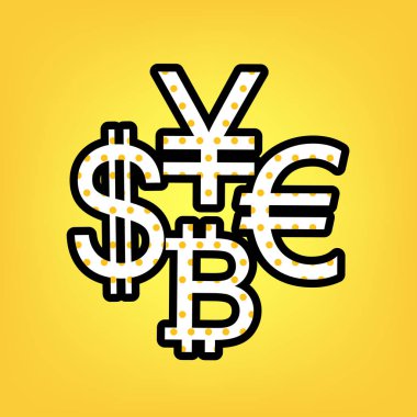 Para birimi koleksiyon Doları, euro, bitcoin, yen oturum açın. Vektör. Yel