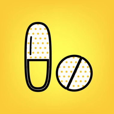 Tıbbi hapları işareti. Vektör. Bla ile sarı puantiyeli beyaz simgesi