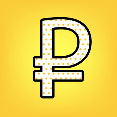 Rublesi işareti. Vektör. Siyah conto sarı puantiyeli beyaz simgesi