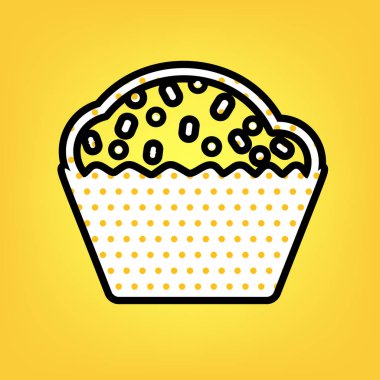 Cupcake işareti. Vektör. Siyah con ile sarı puantiyeli beyaz simgesi