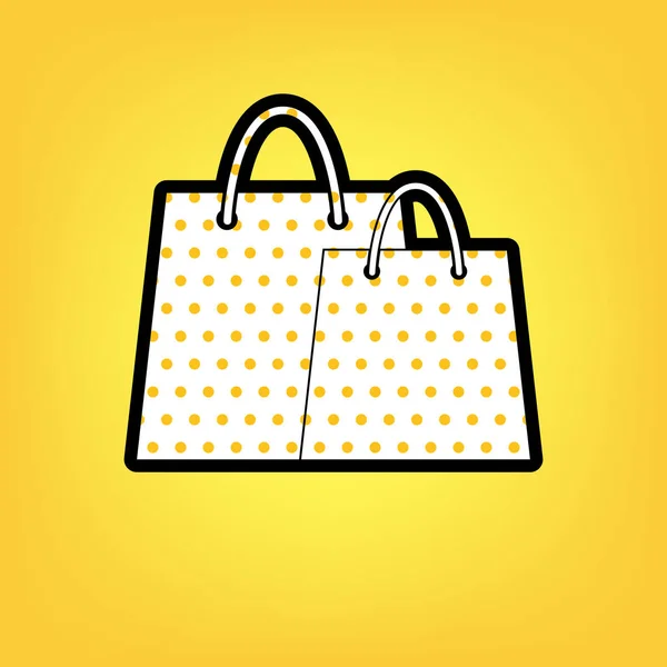 Sinal de sacos de compras. Vector. Ícone branco de bolinhas amarelas com bla — Vetor de Stock