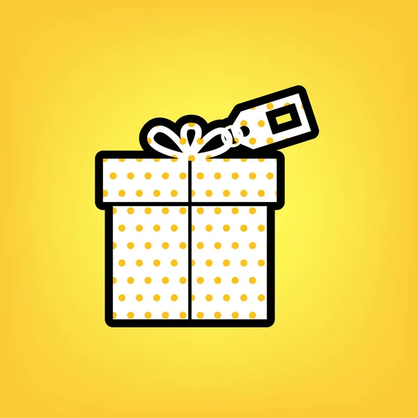 Gift sign with tag. Vector. Yellow polka dot white icon with bla — Stock Vector
