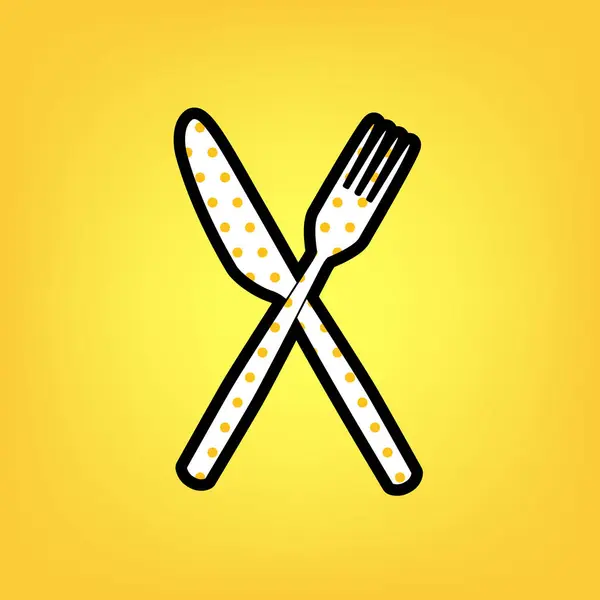 叉子和刀的标志。向量。黄色波尔卡点白色图标与 bl — 图库矢量图片
