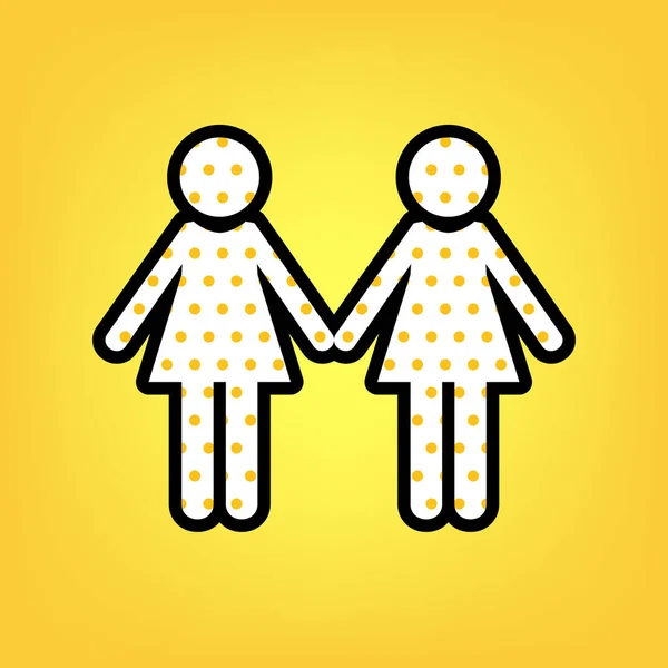 Lesbische familie teken. Vector. Geel polka dot wit pictogram met bl — Stockvector