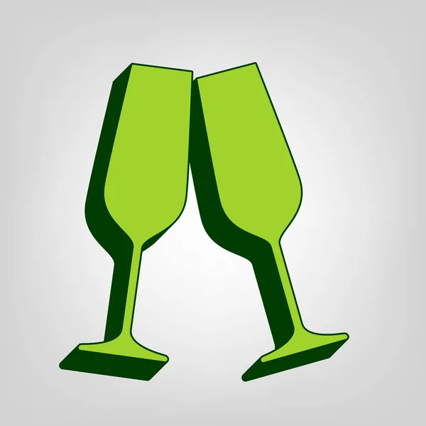 闪闪发光的香槟杯 黄色绿色实体图标与深绿色的外部身体在浅色背景 — 图库矢量图片