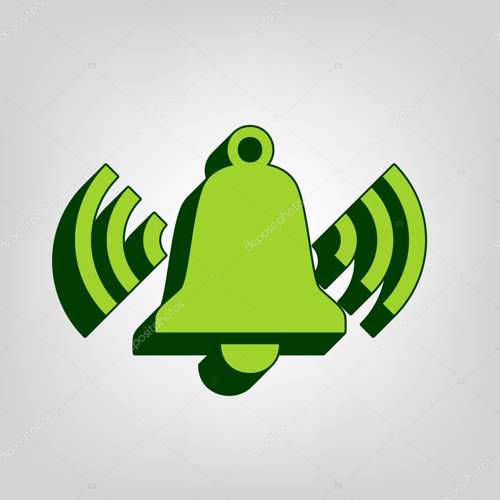 Ringing bell icon. Vector. Yellow green solid icon with dark gre