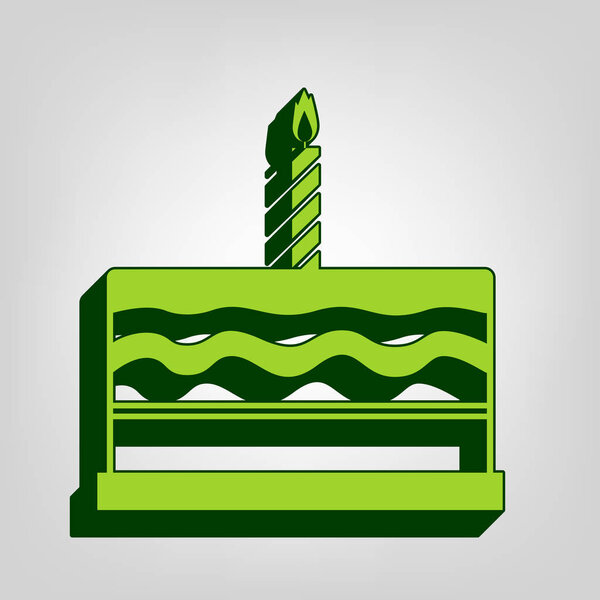 Birthday cake sign. Vector. Yellow green solid icon with dark green external body at light colored background.