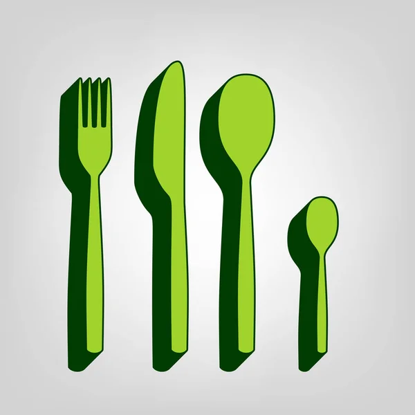 Cuchara Tenedor Cuchillo Vector Icono Sólido Verde Amarillo Con Cuerpo — Vector de stock