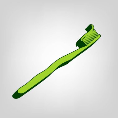 Diş fırçası ile uygulanan diş macunu bölümü. Vektör. Açık renkli renkli, koyu yeşil dış gövde ile sarı yeşil katı simgesi.